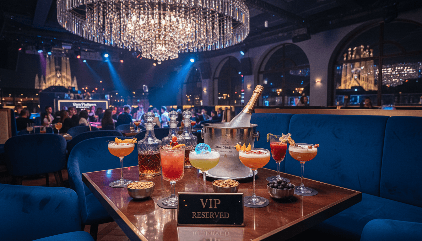 Exclusive VIP table setup with premium bottles and elegant cocktails in a luxury Barcelona nightclub