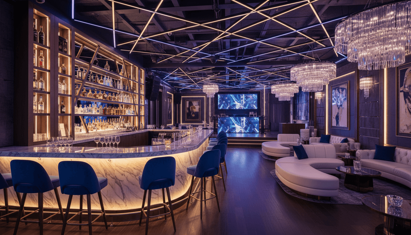 Luxurious nightclub interior with premium seating and sophisticated lighting ambiance