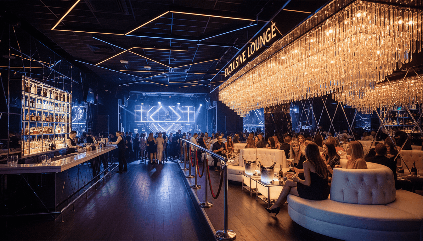 Upscale Barcelona nightclub with VIP lounge seating, mood lighting, and premium atmosphere