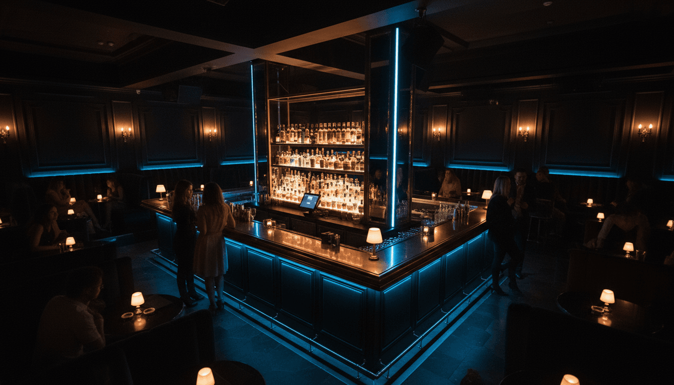 Upscale Barcelona nightclub interior with premium seating and ambient lighting