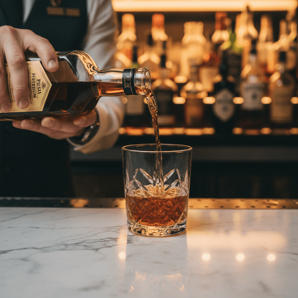 Bartender pouring a premium spirit into a crystal glass