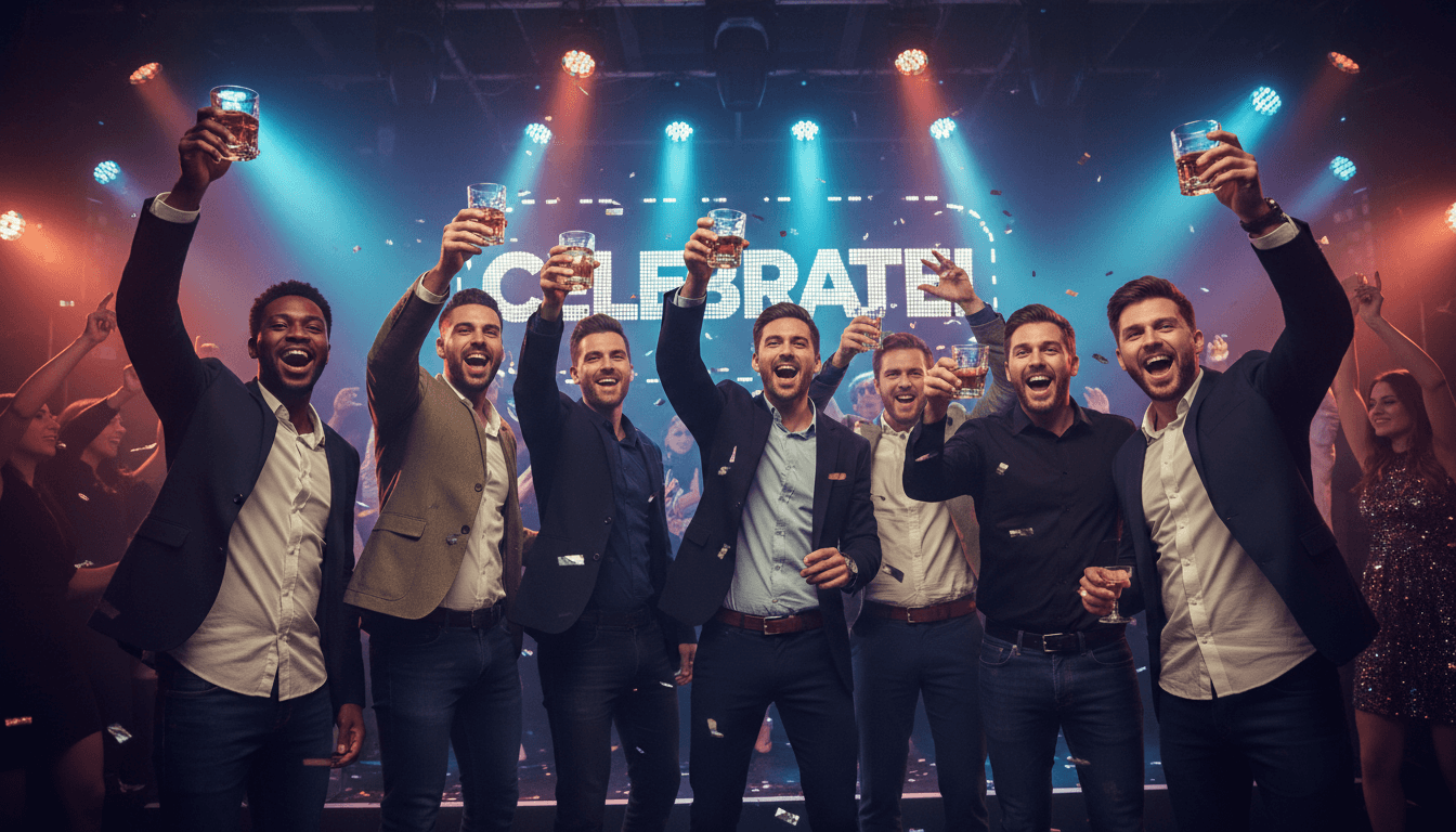 Group of men celebrating at an upscale nightclub with vibrant lighting and energetic atmosphere