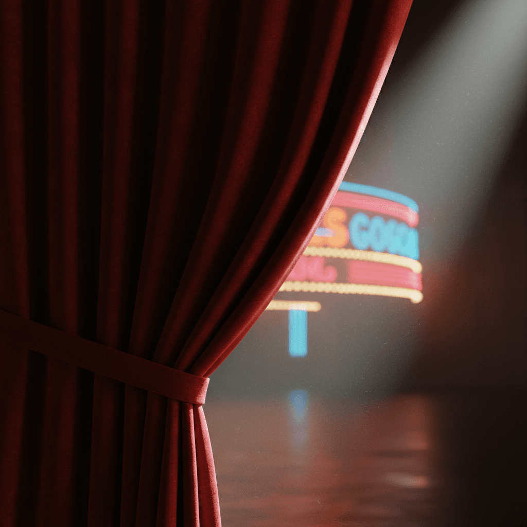 Red curtain pulled back revealing a neon-lit stage in a Barcelona club