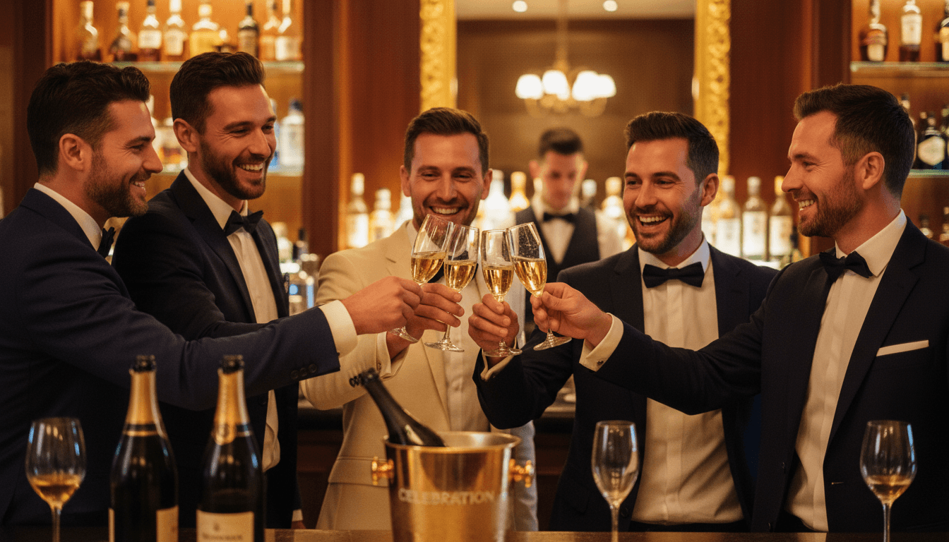 Group celebration at an upscale venue with champagne toast