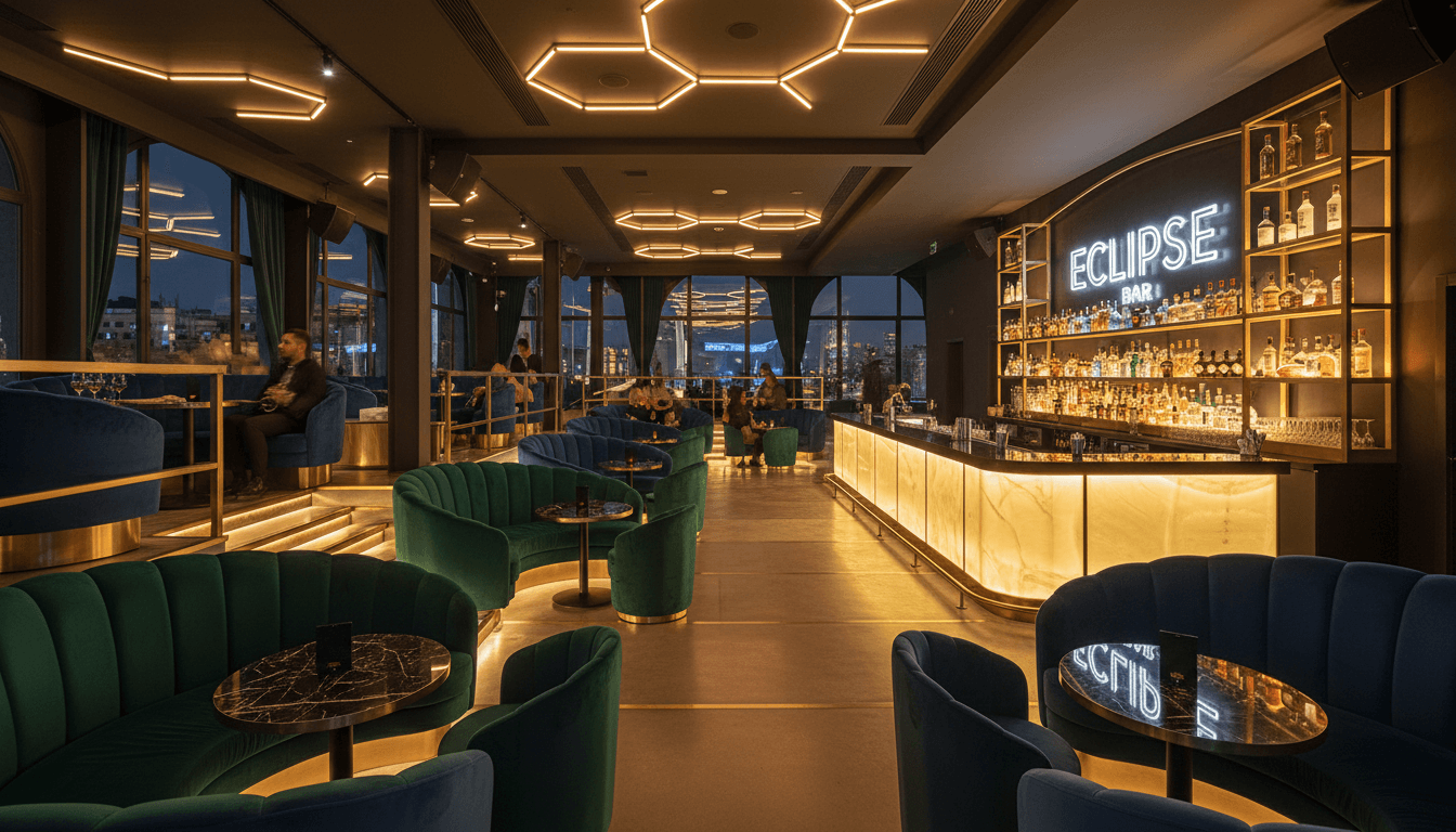 Luxury nightclub interior with VIP seating and ambient lighting