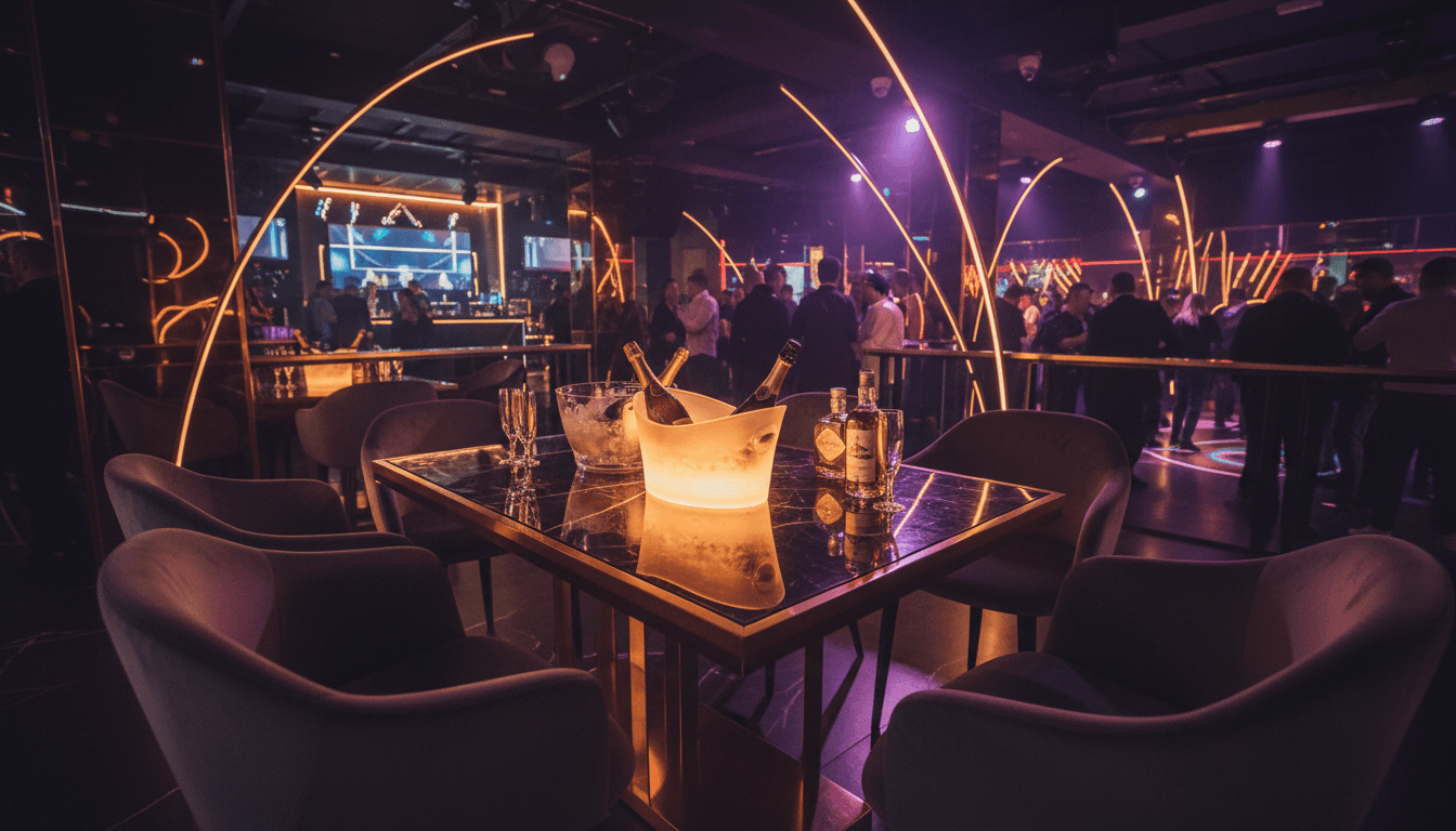Upscale VIP table in Barcelona nightclub with premium seating and bottle service