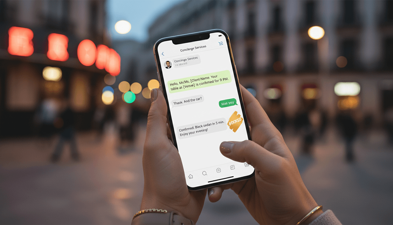 Phone screen showing WhatsApp booking conversation with VIP Nights Barcelona concierge