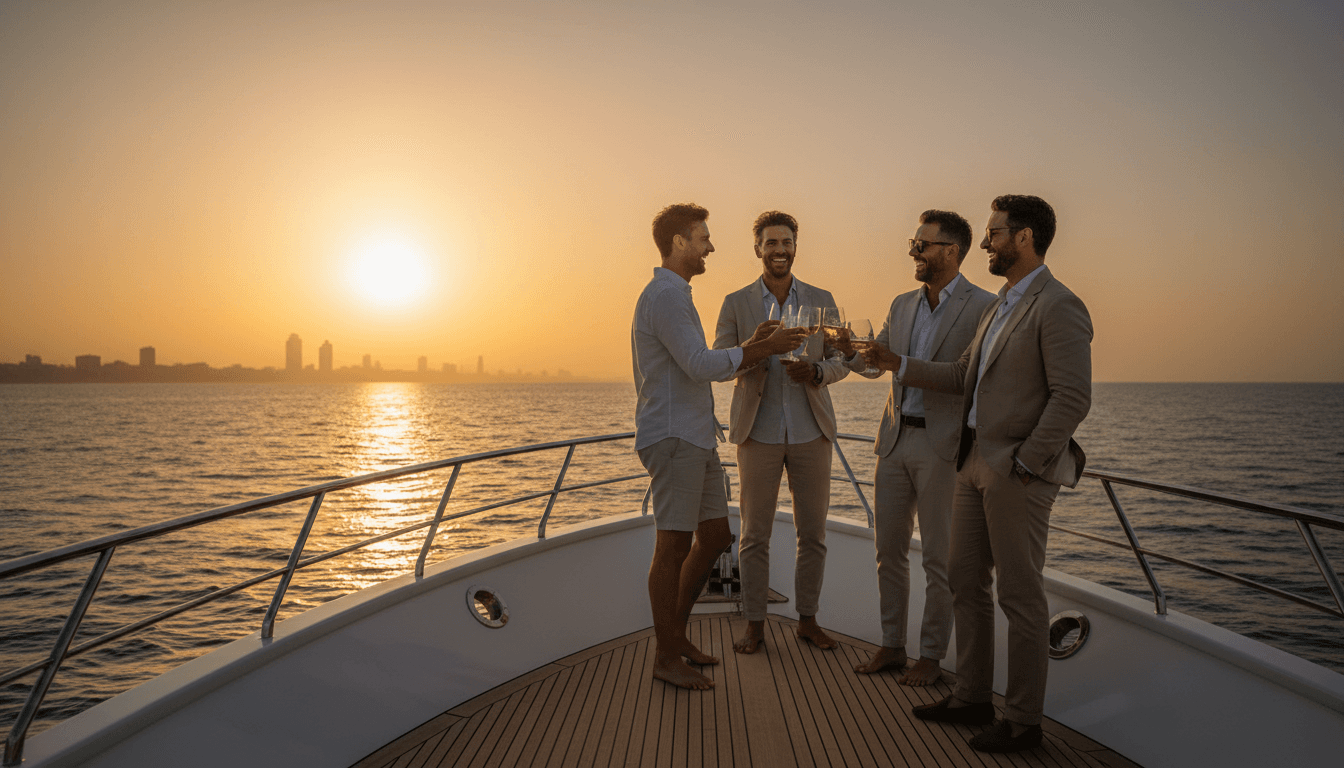 Group of men enjoying drinks and conversation on a luxury boat during Mediterranean sunset in Barcelona
