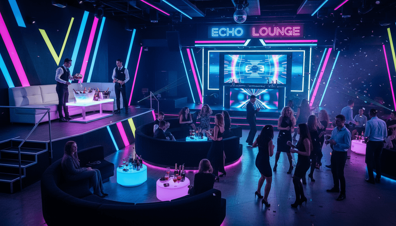 Luxury nightclub VIP table area with bottle service and premium seating