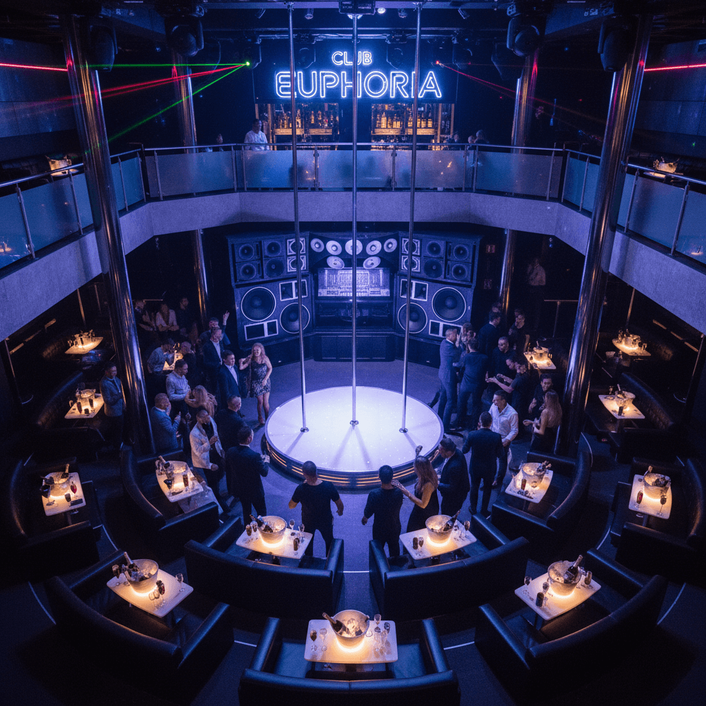 Elevated shot of strip club dance floor with circular stage, multiple poles, and tiered VIP tables.