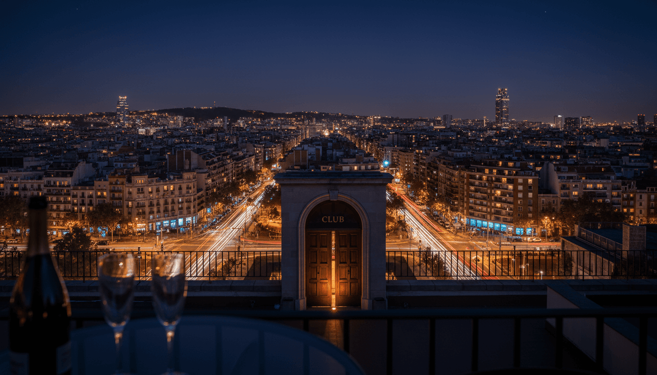 Barcelona skyline at night with glowing city lights and an exclusive rooftop view