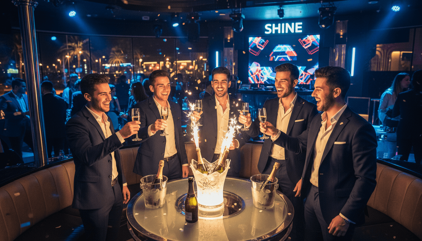 Group celebrating at exclusive nightclub with VIP table setup