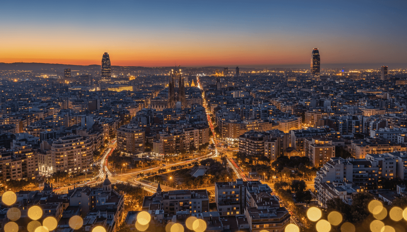 Barcelona skyline at night with city lights and illuminated buildings