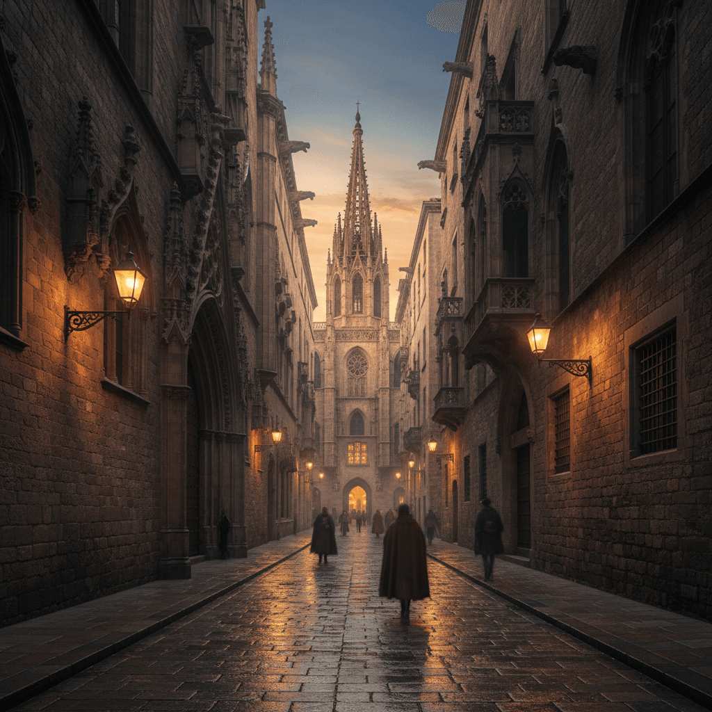 Gothic Quarter cobblestone street lined with historic buildings and intimate venue entrances
