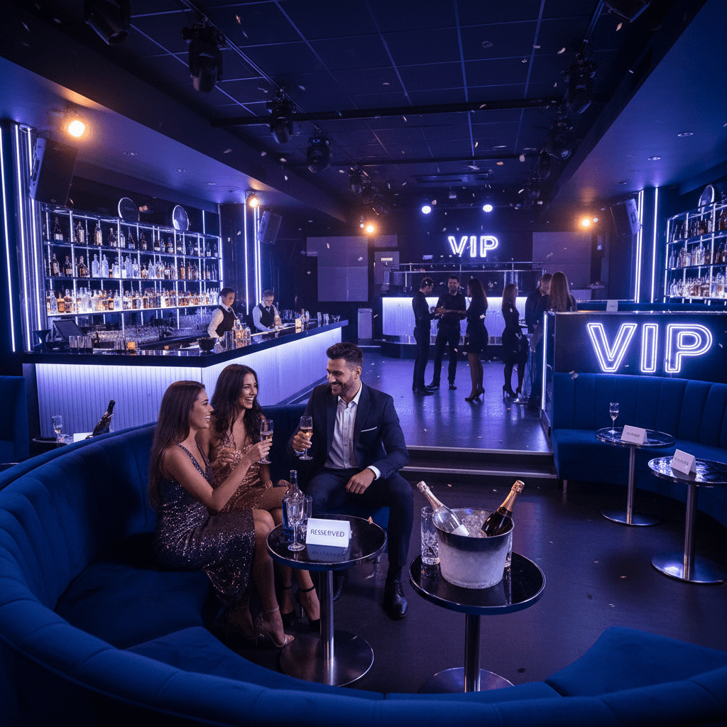 Upscale nightclub VIP section with bottle service setup