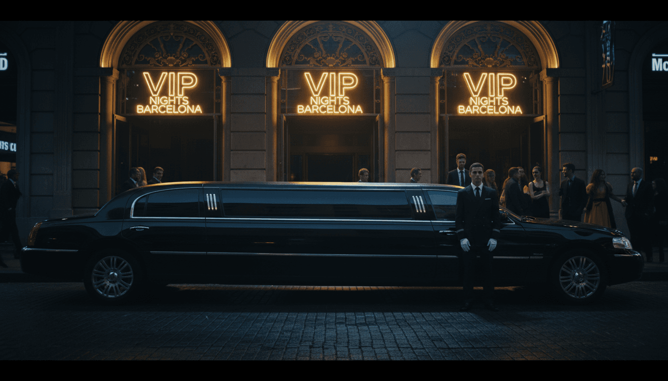 Luxury limousine with professional driver outside exclusive Barcelona nightclub entrance