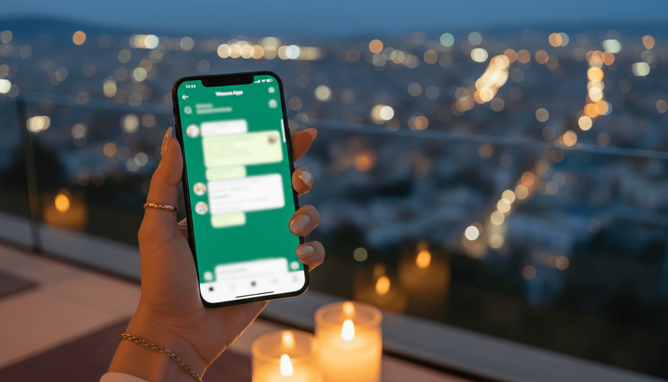 Phone displaying WhatsApp conversation with blurred Barcelona nightlife backdrop