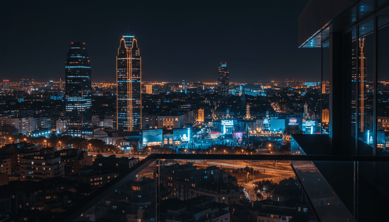 Barcelona nightlife skyline with illuminated clubs and neon lights at night