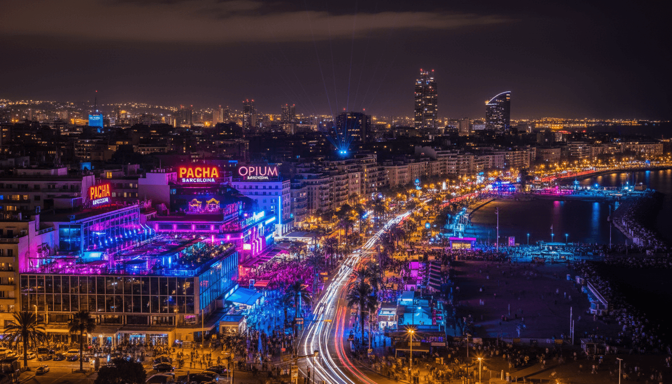 Barcelona nightlife skyline with city lights and exclusive venues