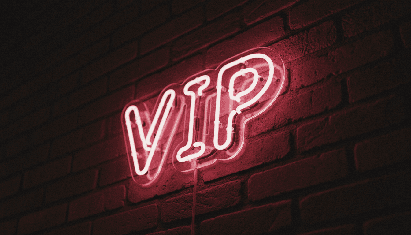 Neon VIP sign glowing on dark brick wall