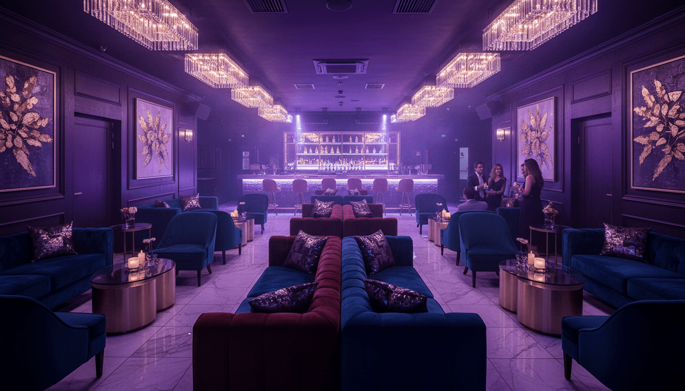 Interior of a high-end strip club in Barcelona with reserved VIP seating and bottle service