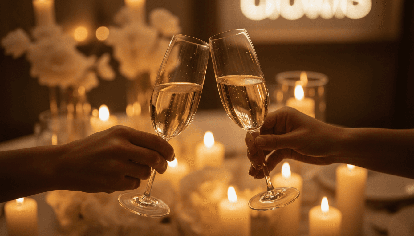 Close-up of premium champagne glasses clinking in celebration at an exclusive venue