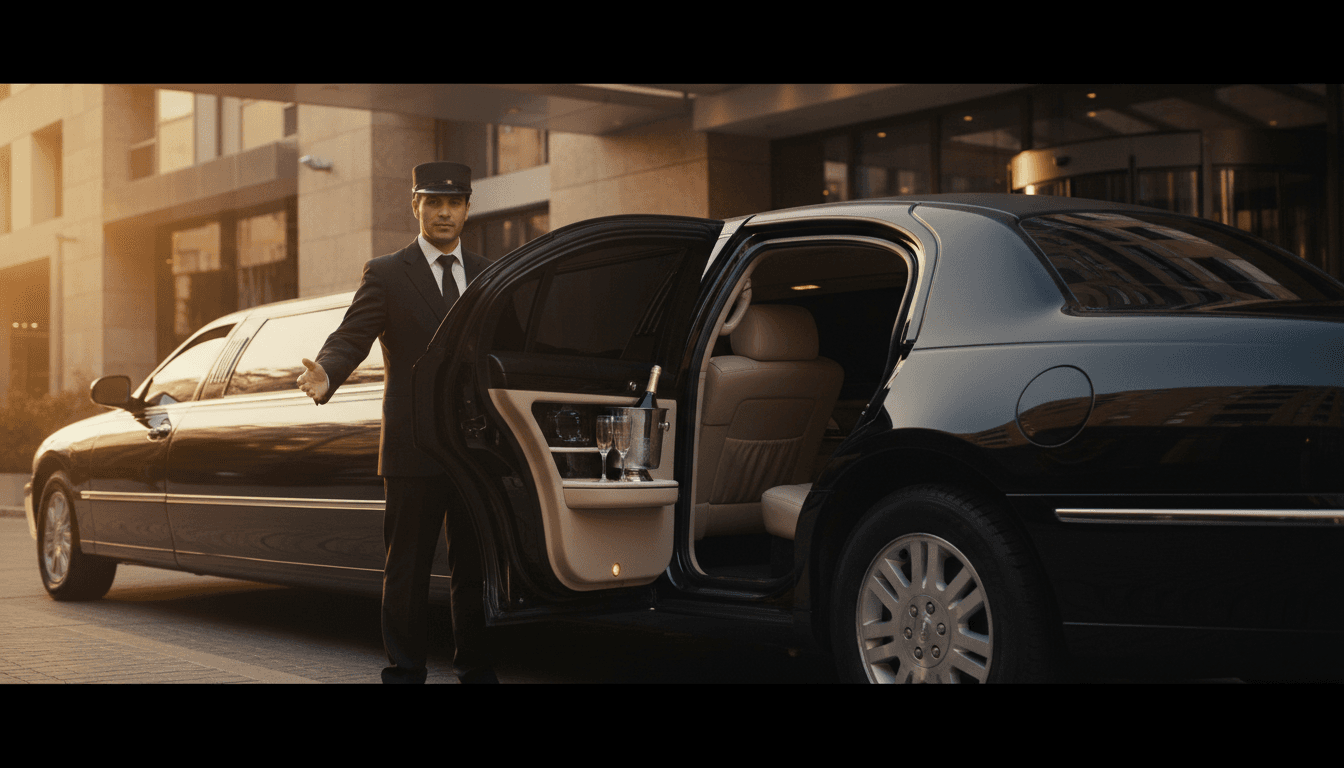 Luxury limousine with professional driver at Barcelona hotel entrance, champagne service visible inside
