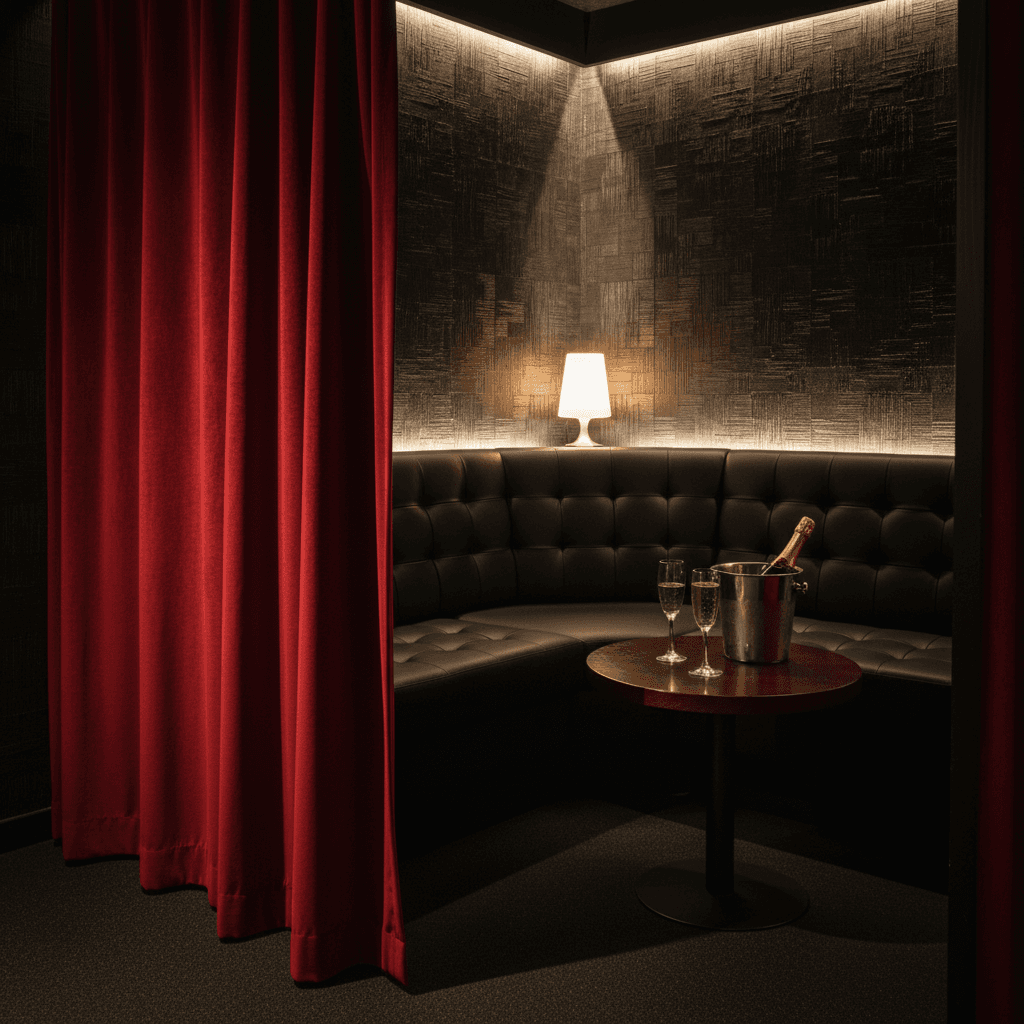 Intimate private booth with black leather sofa, champagne, and privacy curtain in a Barcelona strip club.