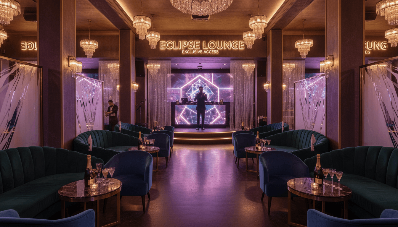 Elegant Barcelona nightclub interior with premium VIP lounge lighting and upscale ambiance