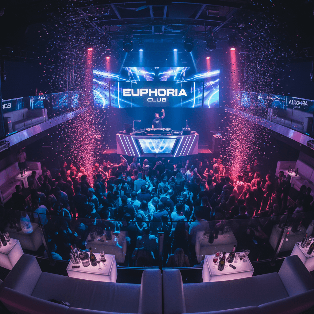 VIP nightclub table overlooking dance floor and entertainment