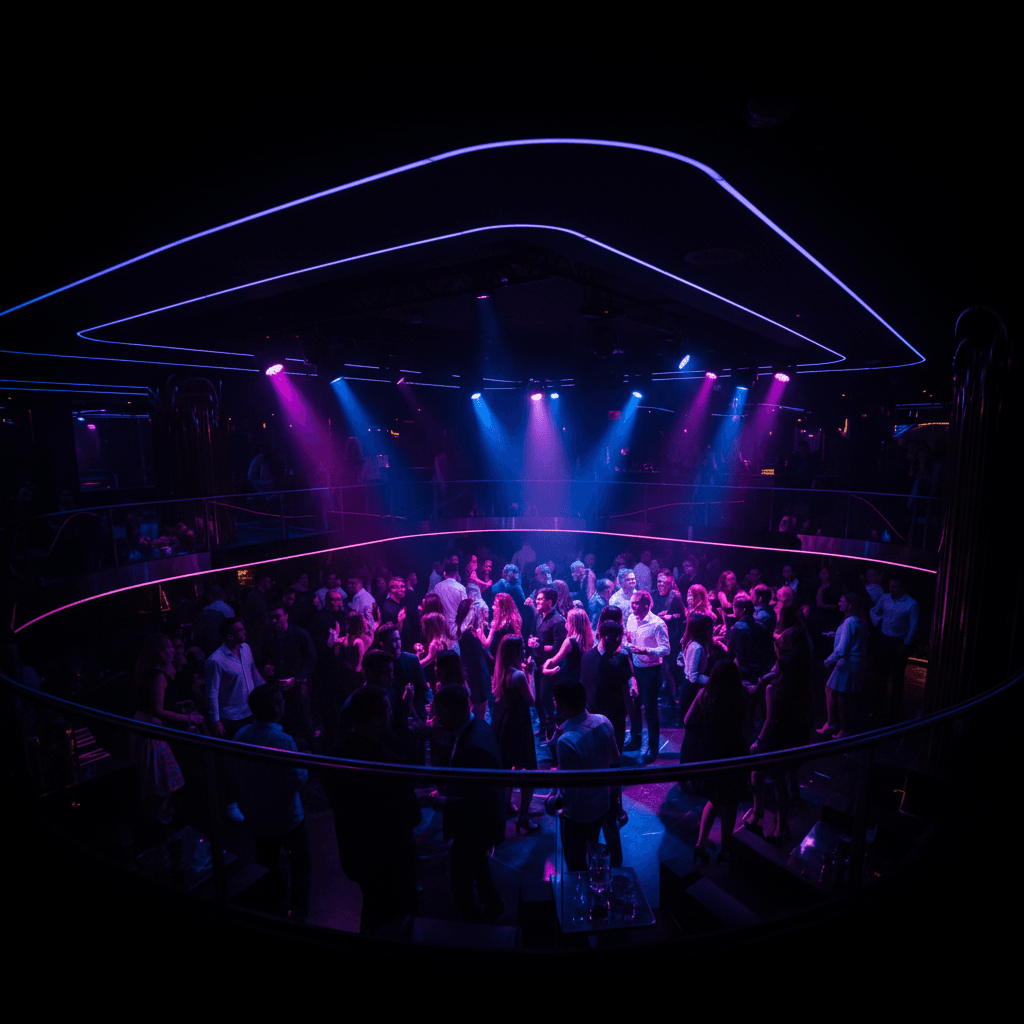 Energetic nightclub dance floor with VIP booth view