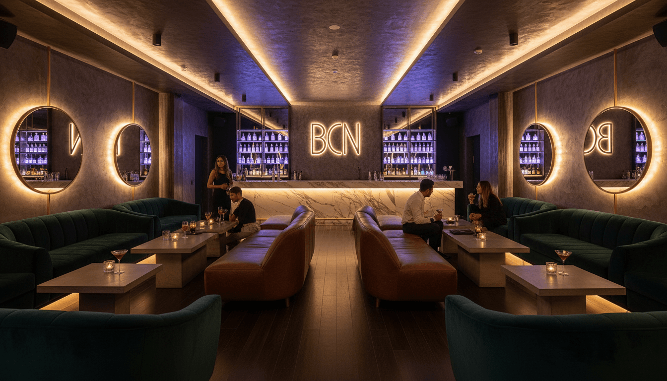 Elegant Barcelona nightclub with modern lighting and sophisticated lounge ambiance