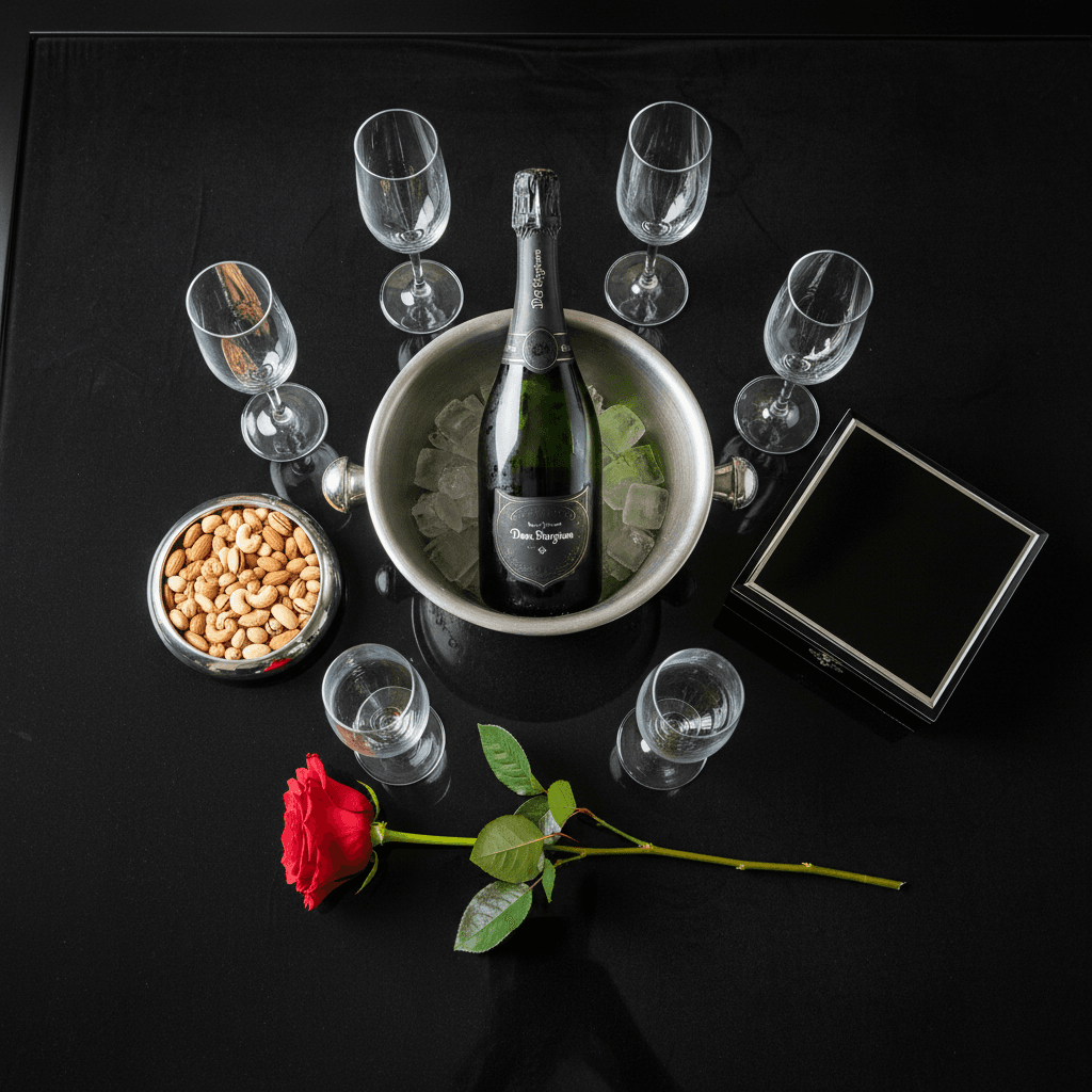 Champagne bucket, crystal flutes, and humidor on a private table