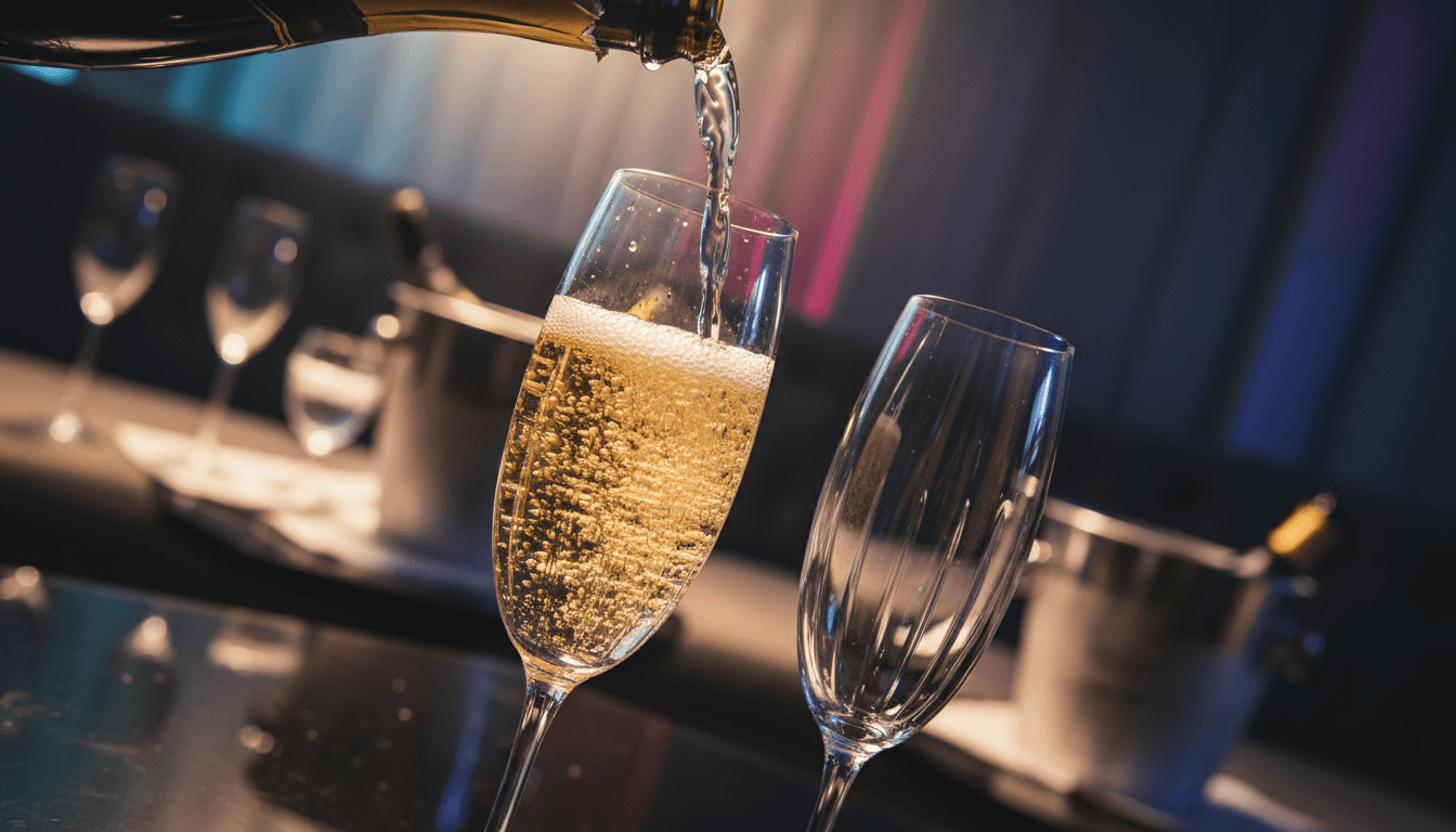 Premium champagne being poured into crystal flutes at VIP table in Barcelona club