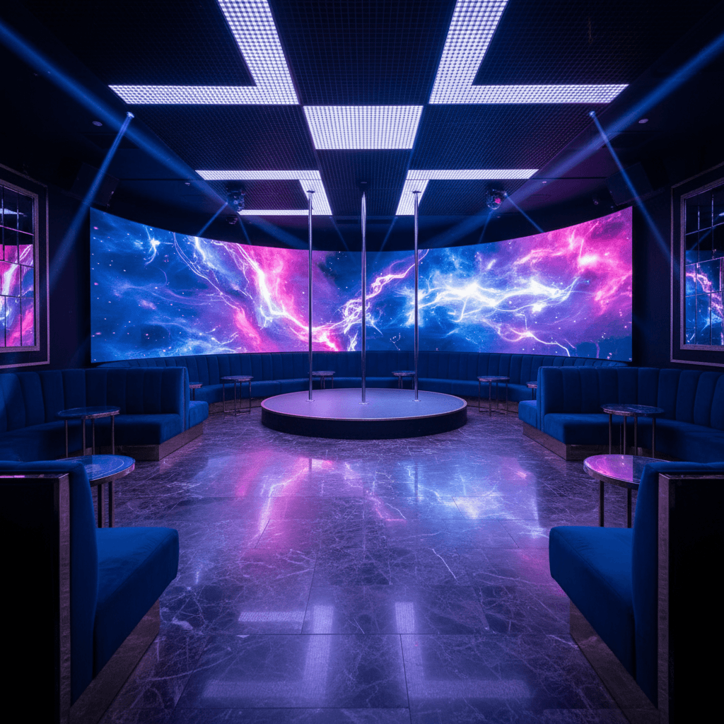 Empty main room of a high-end strip club with stage and VIP booths
