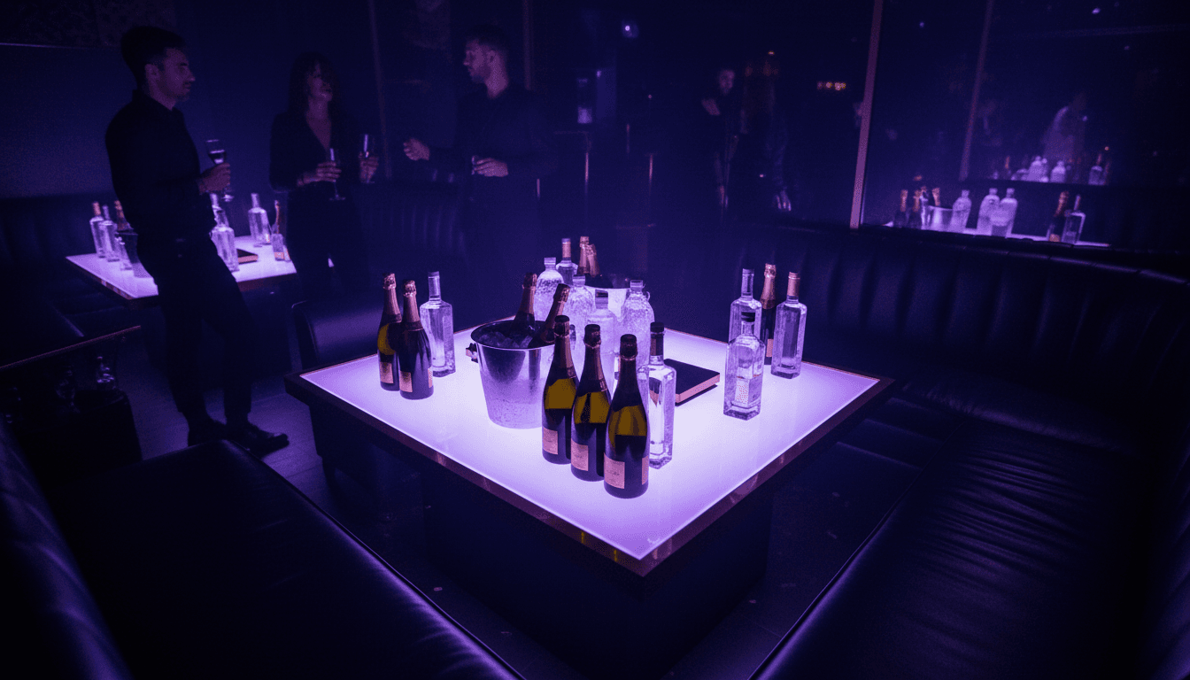 Exclusive VIP table with premium bottles and ambient lighting in Barcelona nightclub