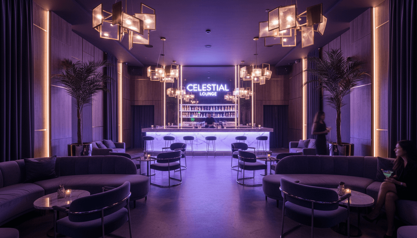 Elegant Barcelona nightclub interior with sophisticated bar and ambient lighting