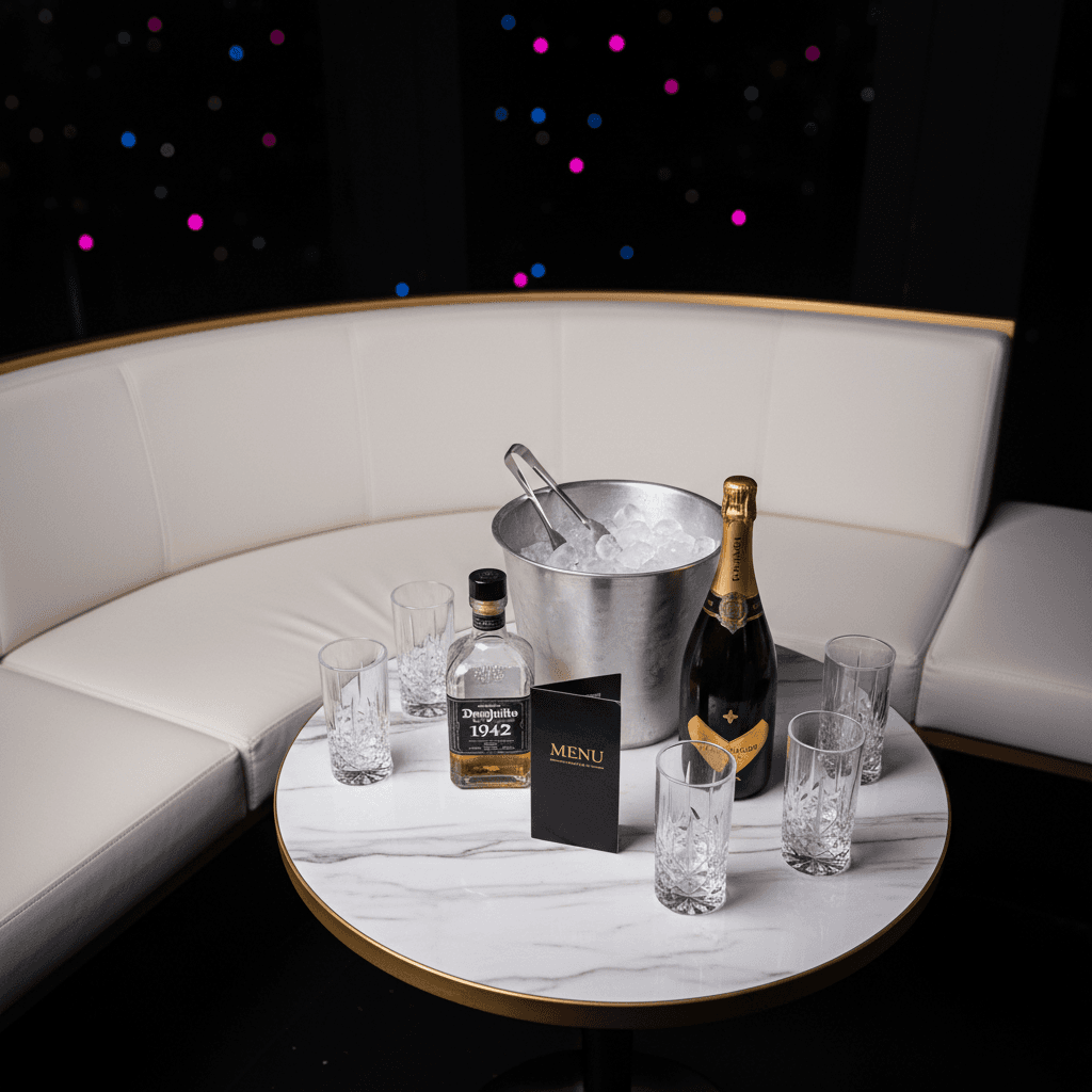 Private table bottle service setup with white leather banquette, marble table, and premium spirits in a Barcelona strip club.