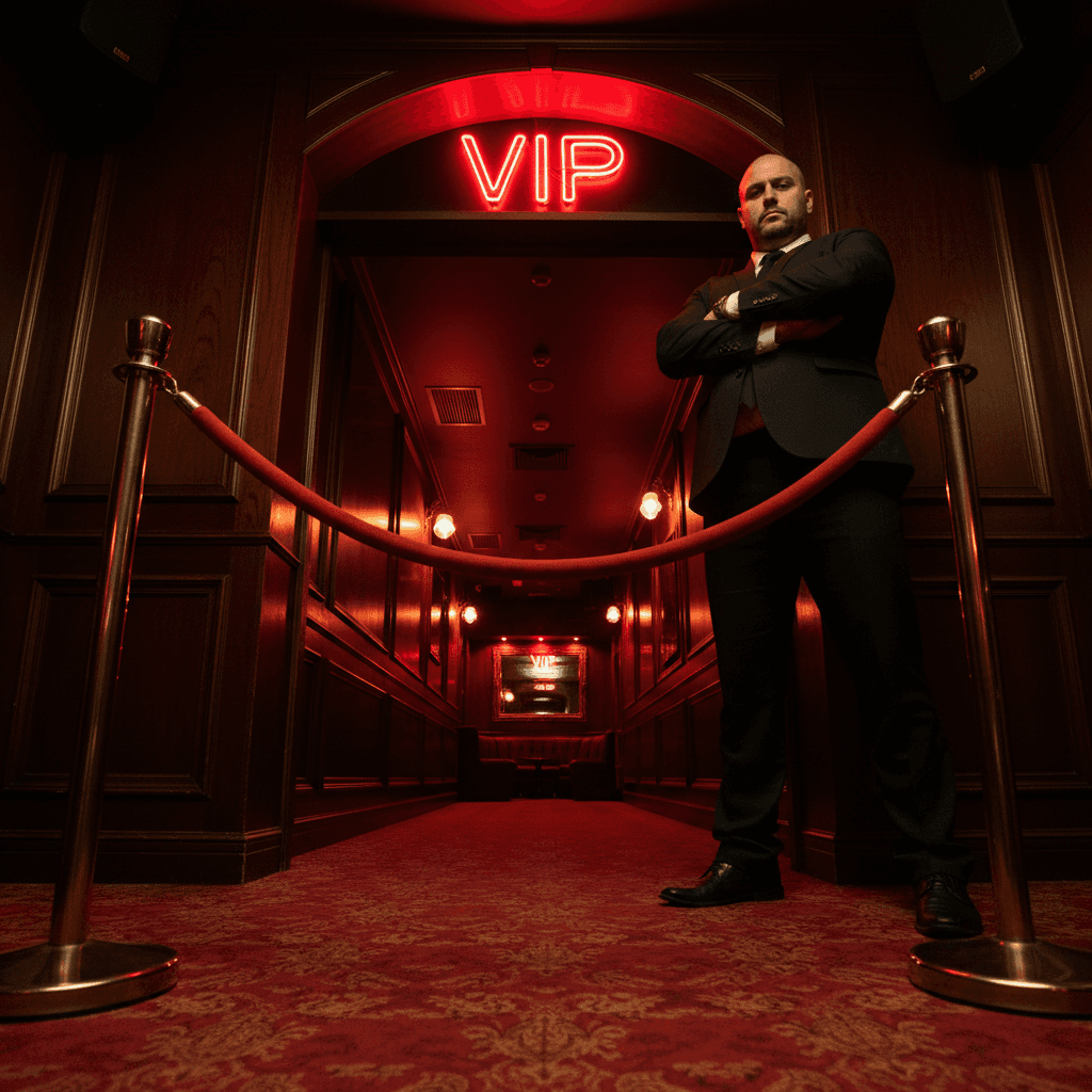 VIP area entrance with red velvet rope, neon sign, and bouncer in a Barcelona strip club corridor.