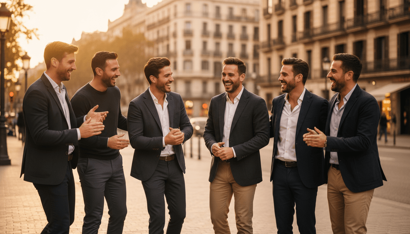 Diverse group of men celebrating together in Barcelona