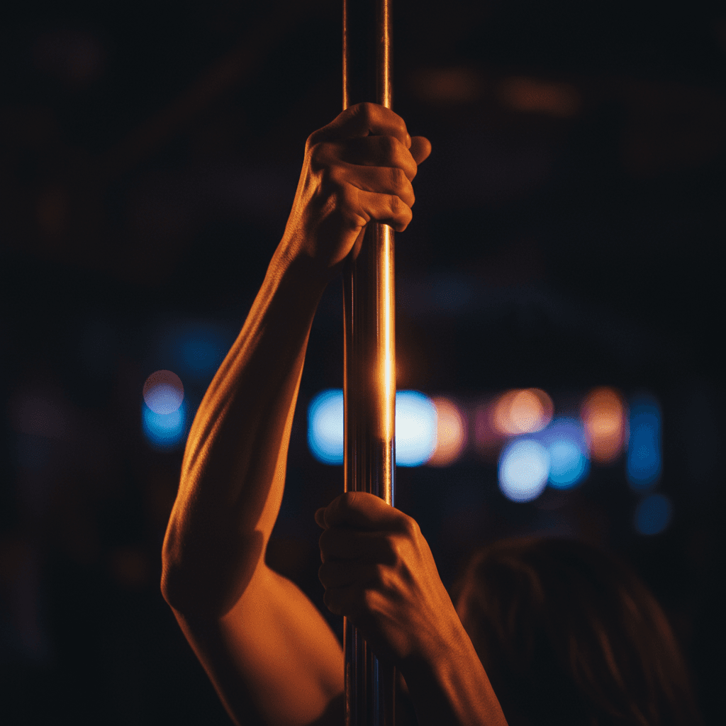 Close-up of performer gripping a brass pole in a Barcelona club