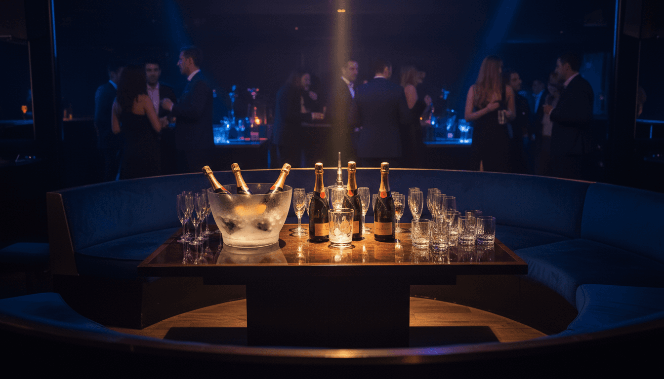 Exclusive VIP table setup at a premium Barcelona nightclub with champagne service and dramatic ambient lighting