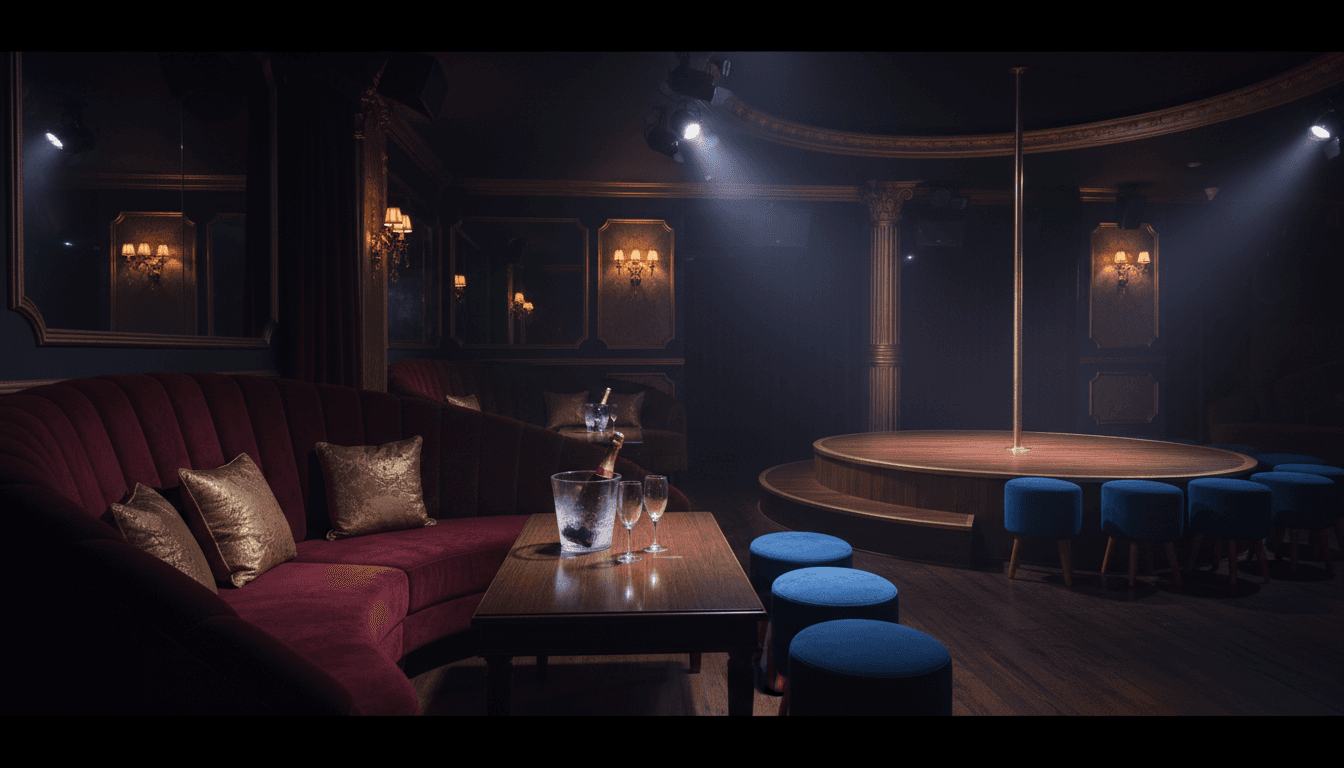 Empty VIP strip club interior with velvet booth and stage in Barcelona