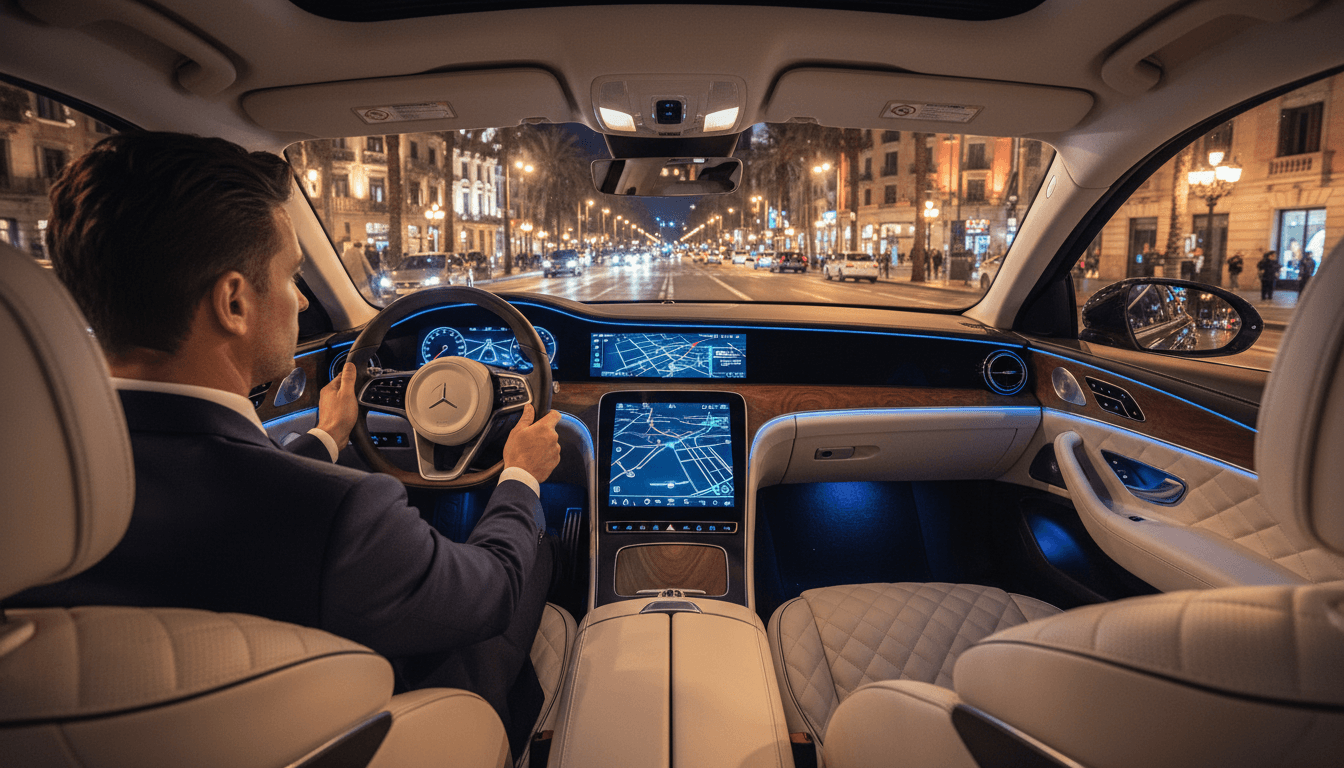Luxury VIP transfer vehicle in Barcelona at night with professional driver