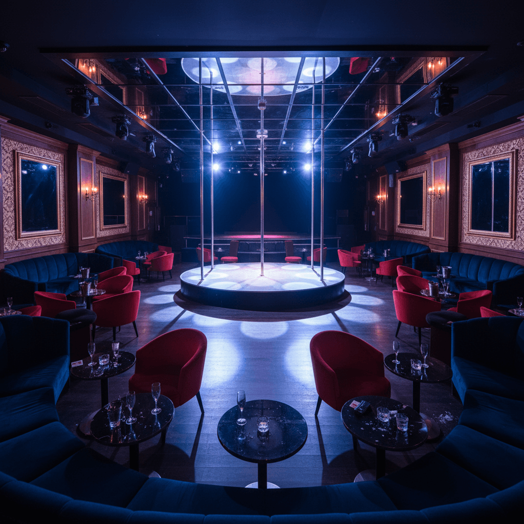 Wide shot of strip club main stage with chrome poles, mirrored ceiling, and semicircular VIP seating.