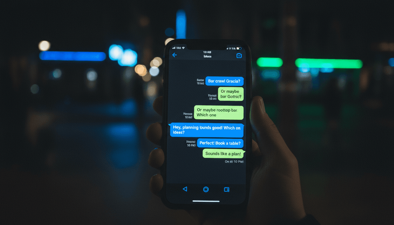 Smartphone showing WhatsApp chat for nightlife planning