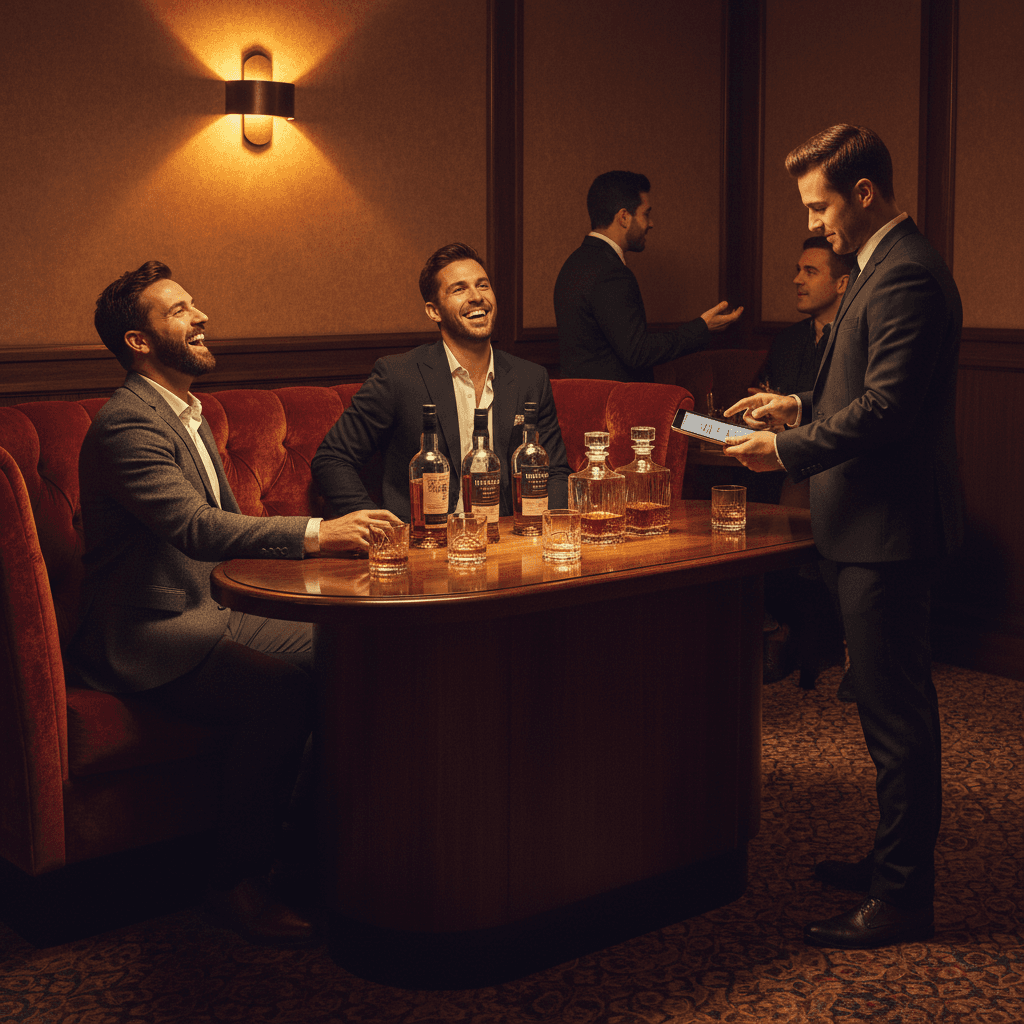 Group of friends enjoying a VIP table at a Barcelona strip club