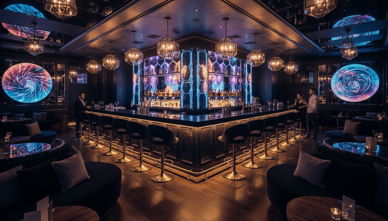 Sophisticated nightclub setting with premium VIP seating and ambient luxury lighting