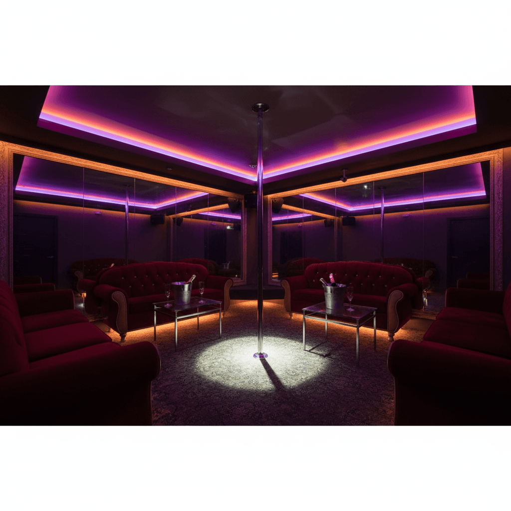 VIP lounge with red velvet sofas, glass table, champagne bucket, and ambient purple and amber lighting in a Barcelona strip club.