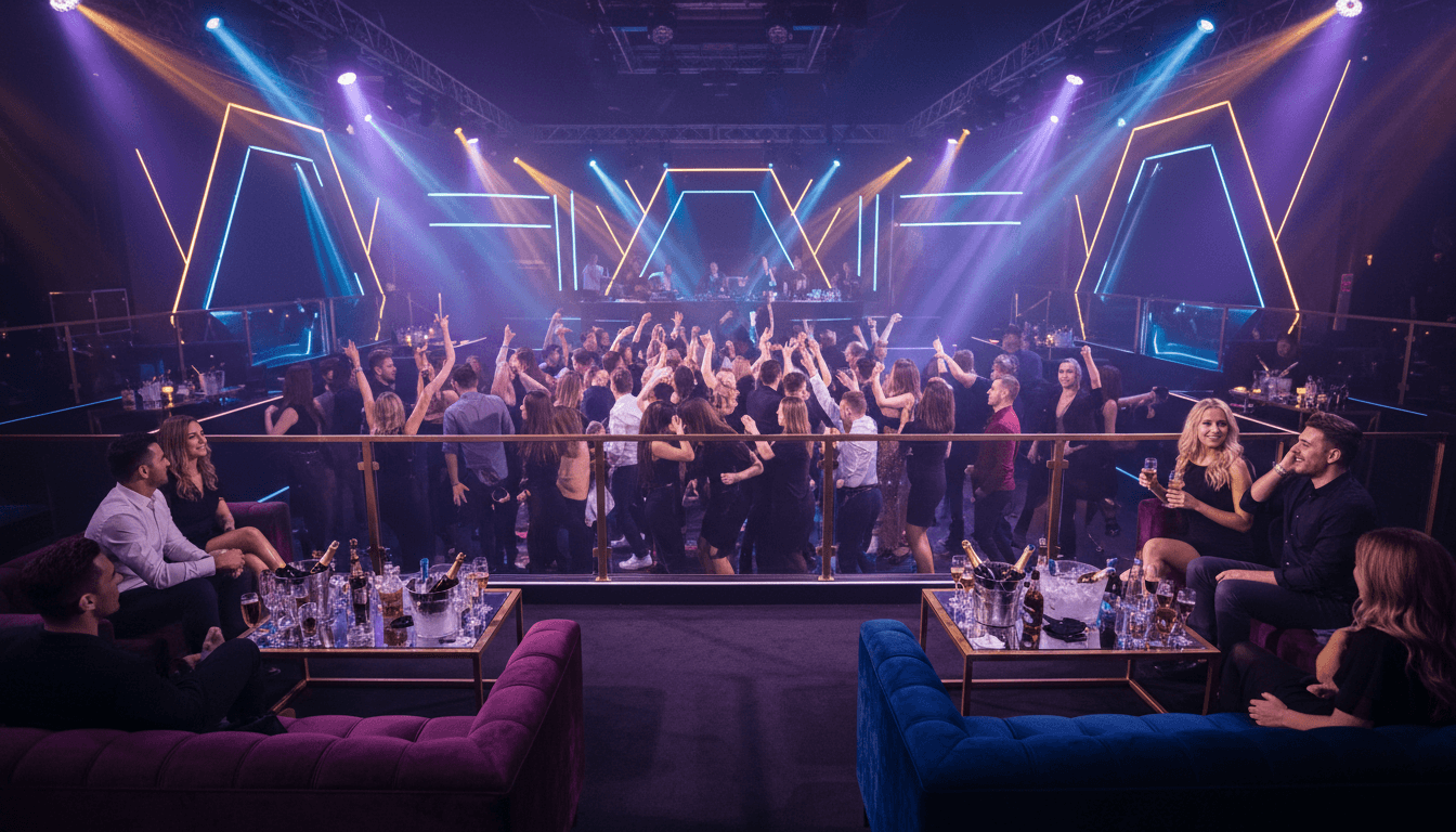 Premium nightclub with VIP table seating and energetic atmosphere